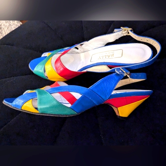 Vintage Shoes - Vintage 80s color block leather, peep toe, sling back, low heel pumps. Sz 5 1/2